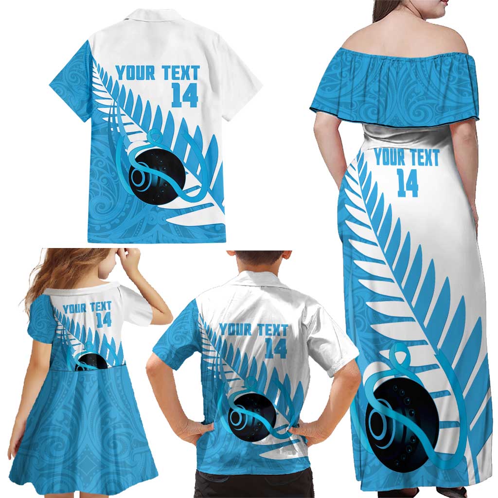 New Zealand Lawn Bowls Prostate Cancer Custom Family Matching Off Shoulder Maxi Dress and Hawaiian Shirt Aotearoa Maori Silver Fern Blue Ribbon - Polynesian Pride