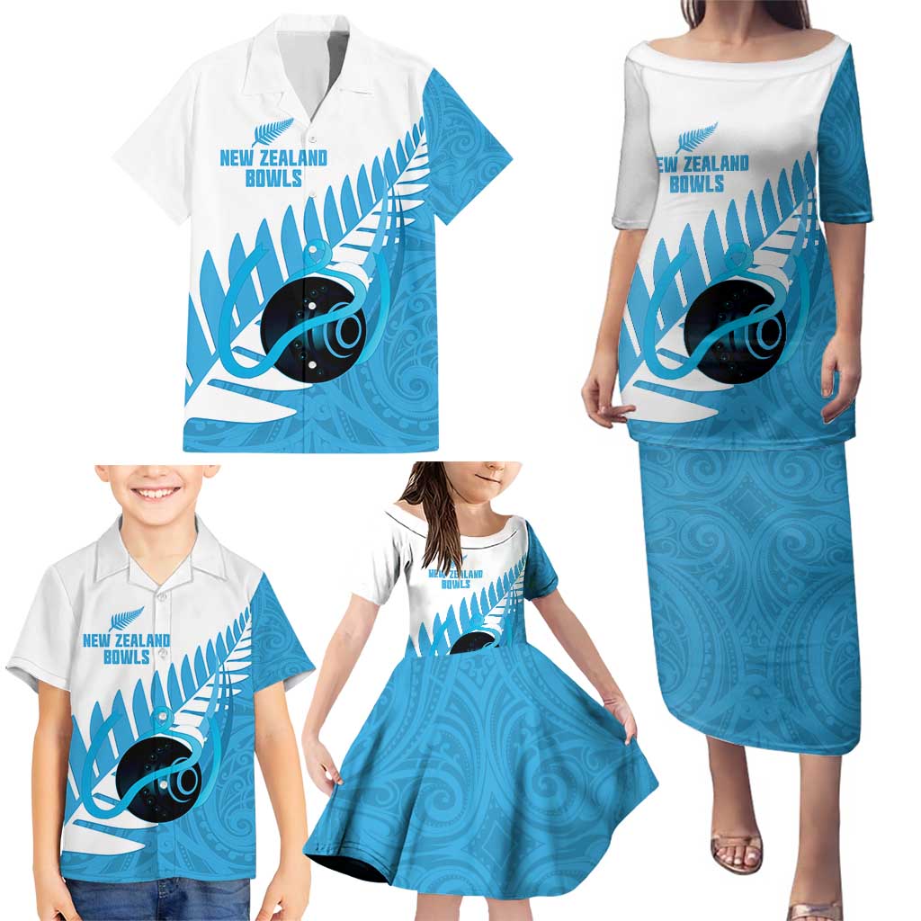 New Zealand Lawn Bowls Prostate Cancer Custom Family Matching Puletasi and Hawaiian Shirt Aotearoa Maori Silver Fern Blue Ribbon - Polynesian Pride