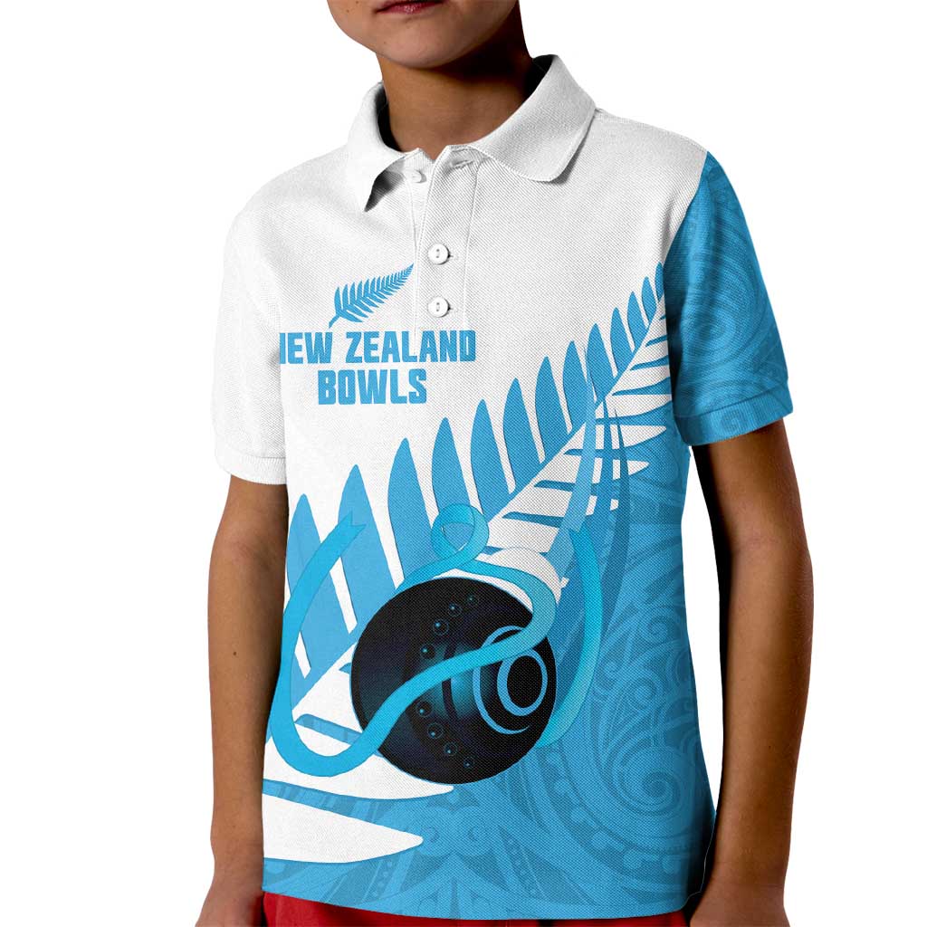 New Zealand Lawn Bowls Prostate Cancer Custom Kid Polo Shirt Aotearoa Maori Silver Fern Blue Ribbon - Polynesian Pride