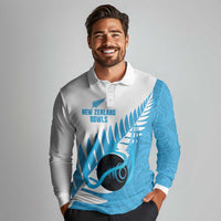 New Zealand Lawn Bowls Prostate Cancer Custom Long Sleeve Polo Shirt Aotearoa Maori Silver Fern Blue Ribbon - Polynesian Pride