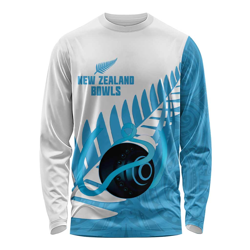 New Zealand Lawn Bowls Prostate Cancer Custom Long Sleeve Shirt Aotearoa Maori Silver Fern Blue Ribbon - Polynesian Pride