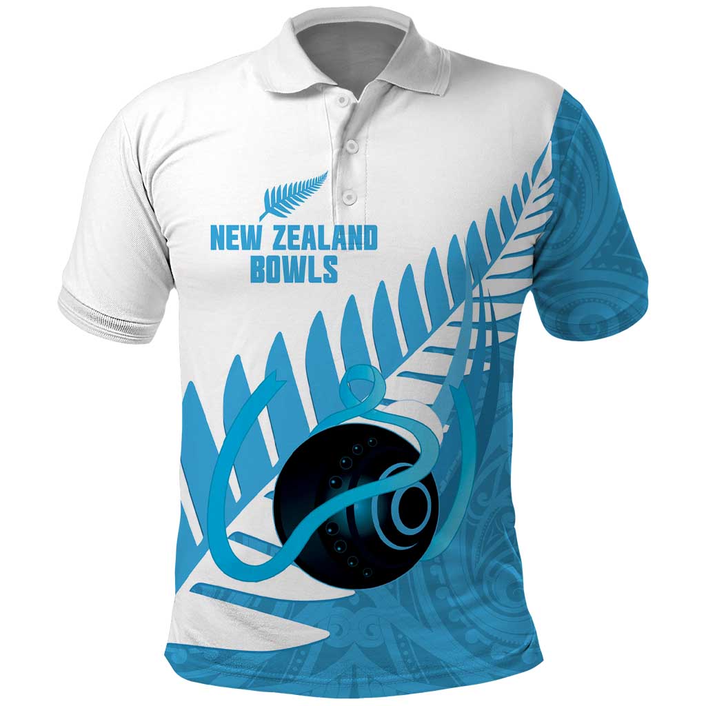 New Zealand Lawn Bowls Prostate Cancer Custom Polo Shirt Aotearoa Maori Silver Fern Blue Ribbon - Polynesian Pride
