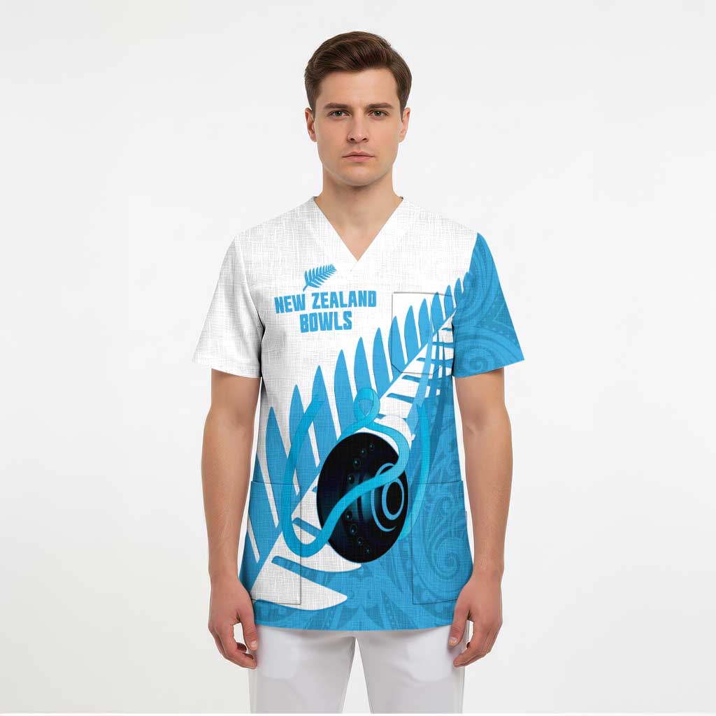 New Zealand Lawn Bowls Prostate Cancer Custom Scrub Top Aotearoa Maori Silver Fern Blue Ribbon - Polynesian Pride