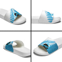 New Zealand Lawn Bowls Prostate Cancer Custom Slide Sandals Aotearoa Maori Silver Fern Blue Ribbon - Polynesian Pride