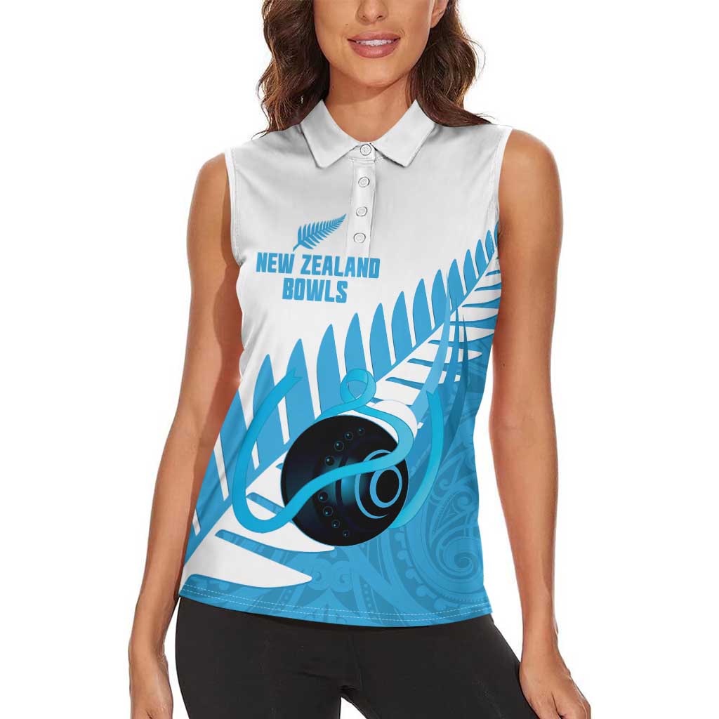 New Zealand Lawn Bowls Prostate Cancer Custom Women Sleeveless Polo Shirt Aotearoa Maori Silver Fern Blue Ribbon - Polynesian Pride