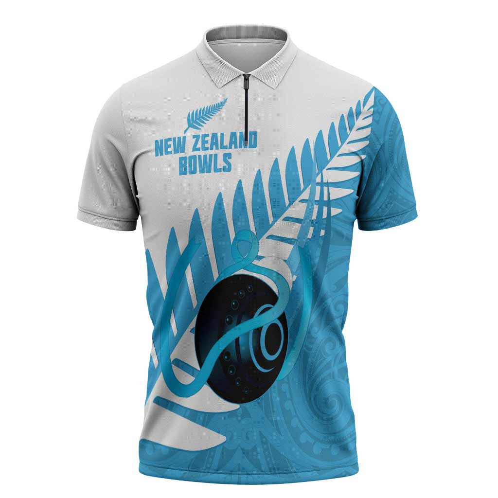 New Zealand Lawn Bowls Prostate Cancer Custom Zipper Polo Shirt Aotearoa Maori Silver Fern Blue Ribbon - Polynesian Pride