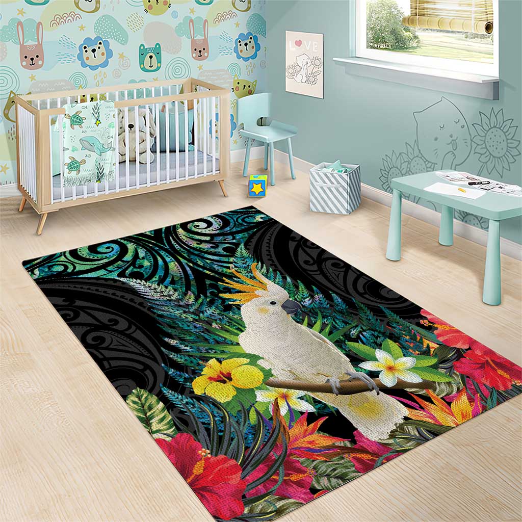 Sulphur-crested Cockatoo New Zealand Area Rug Paua Shell Aotearoa Maori Tropical Flowers - Polynesian Pride