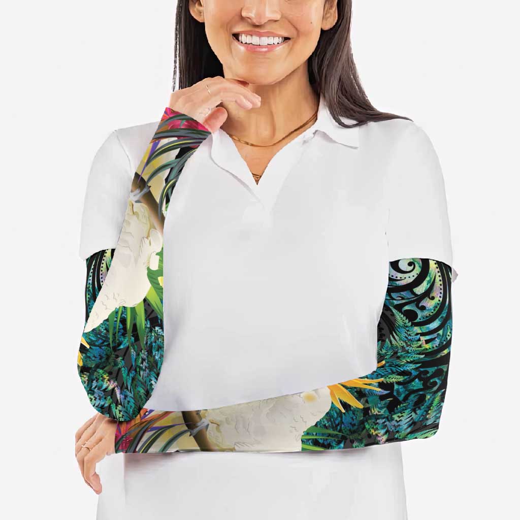 Sulphur-crested Cockatoo New Zealand Arm Sleeves Paua Shell Aotearoa Maori Tropical Flowers - Polynesian Pride