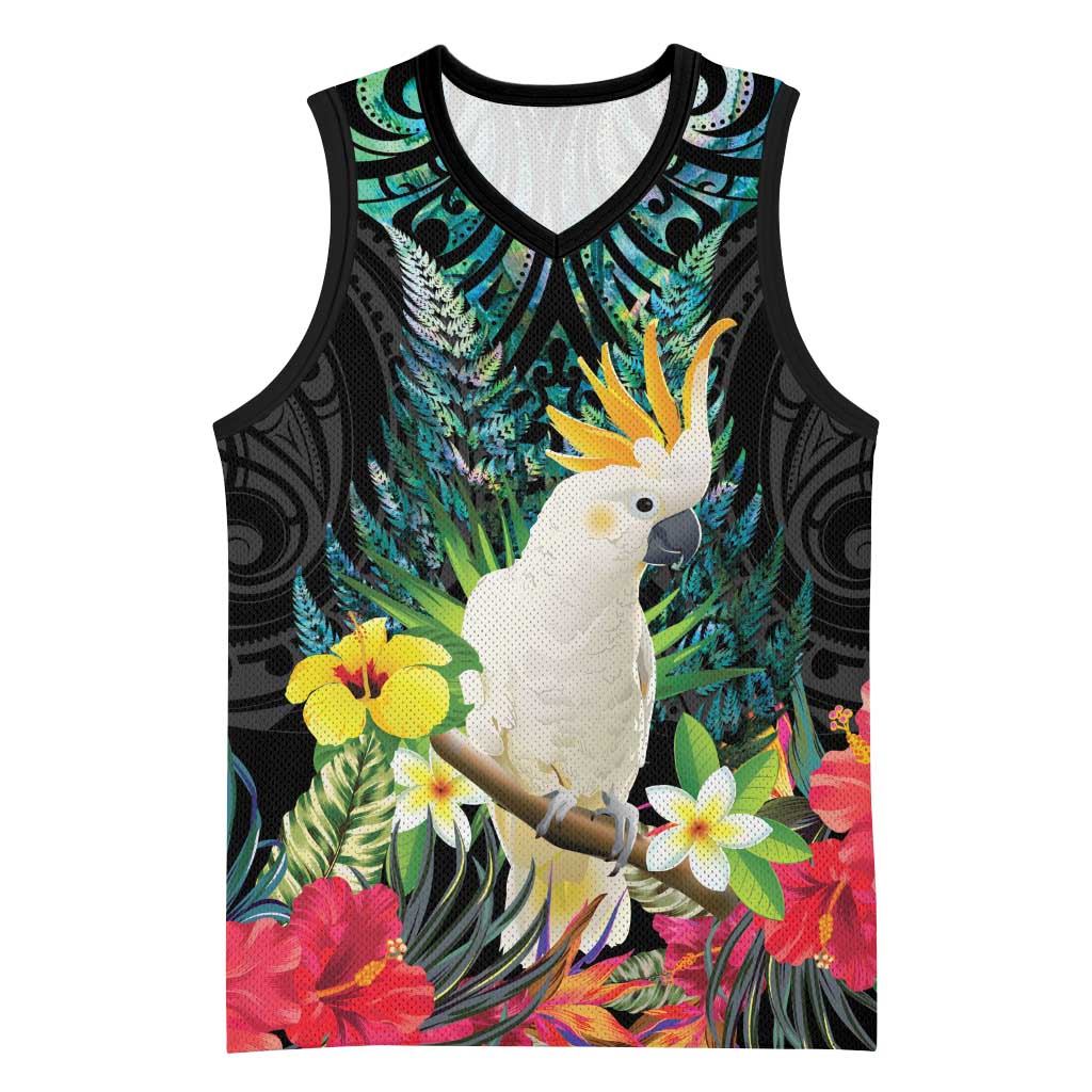Sulphur-crested Cockatoo New Zealand Basketball Jersey Paua Shell Aotearoa Maori Tropical Flowers - Polynesian Pride