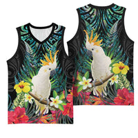 Sulphur-crested Cockatoo New Zealand Basketball Jersey Paua Shell Aotearoa Maori Tropical Flowers - Polynesian Pride