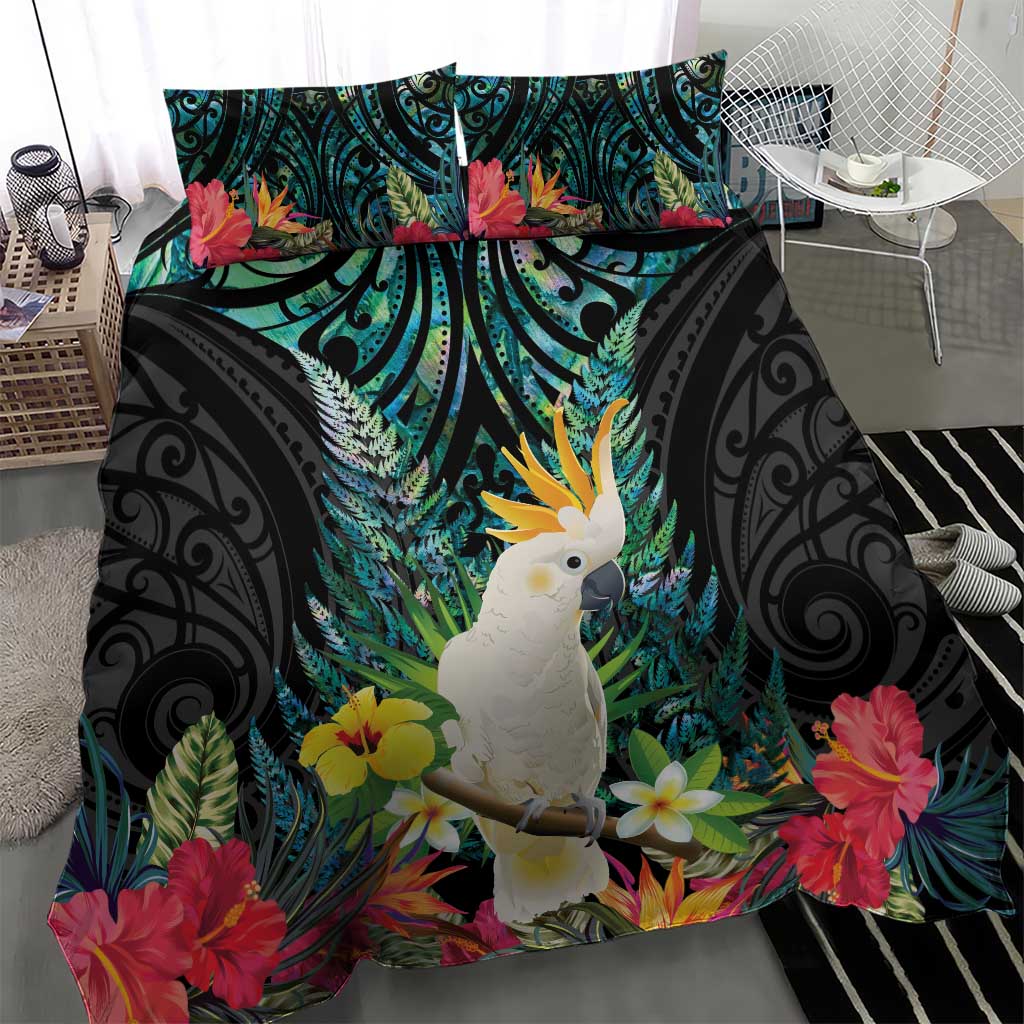 Sulphur-crested Cockatoo New Zealand Bedding Set Paua Shell Aotearoa Maori Tropical Flowers - Polynesian Pride