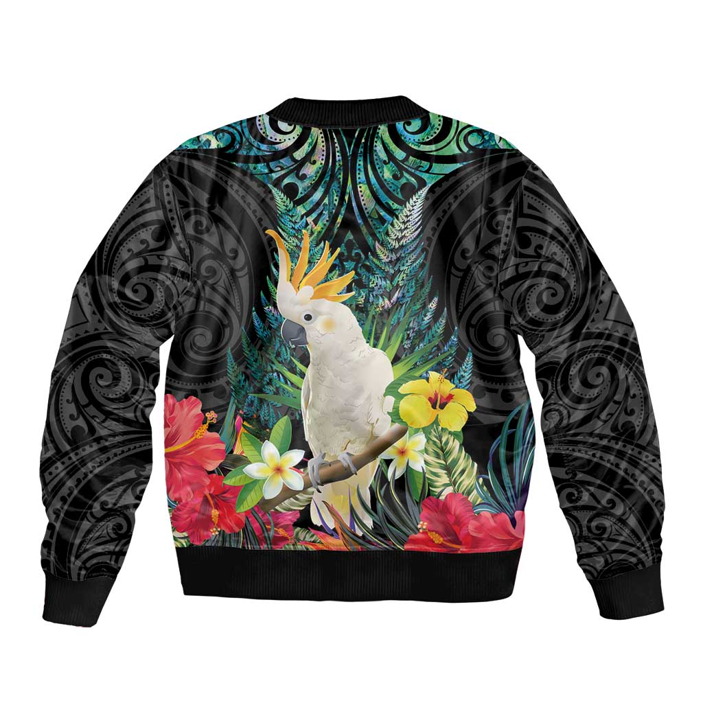 Sulphur-crested Cockatoo New Zealand Bomber Jacket Paua Shell Aotearoa Maori Tropical Flowers - Polynesian Pride