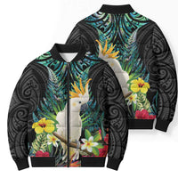 Sulphur-crested Cockatoo New Zealand Bomber Puffer Jacket Paua Shell Aotearoa Maori Tropical Flowers - Polynesian Pride