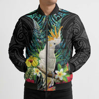 Sulphur-crested Cockatoo New Zealand Bomber Puffer Jacket Paua Shell Aotearoa Maori Tropical Flowers - Polynesian Pride
