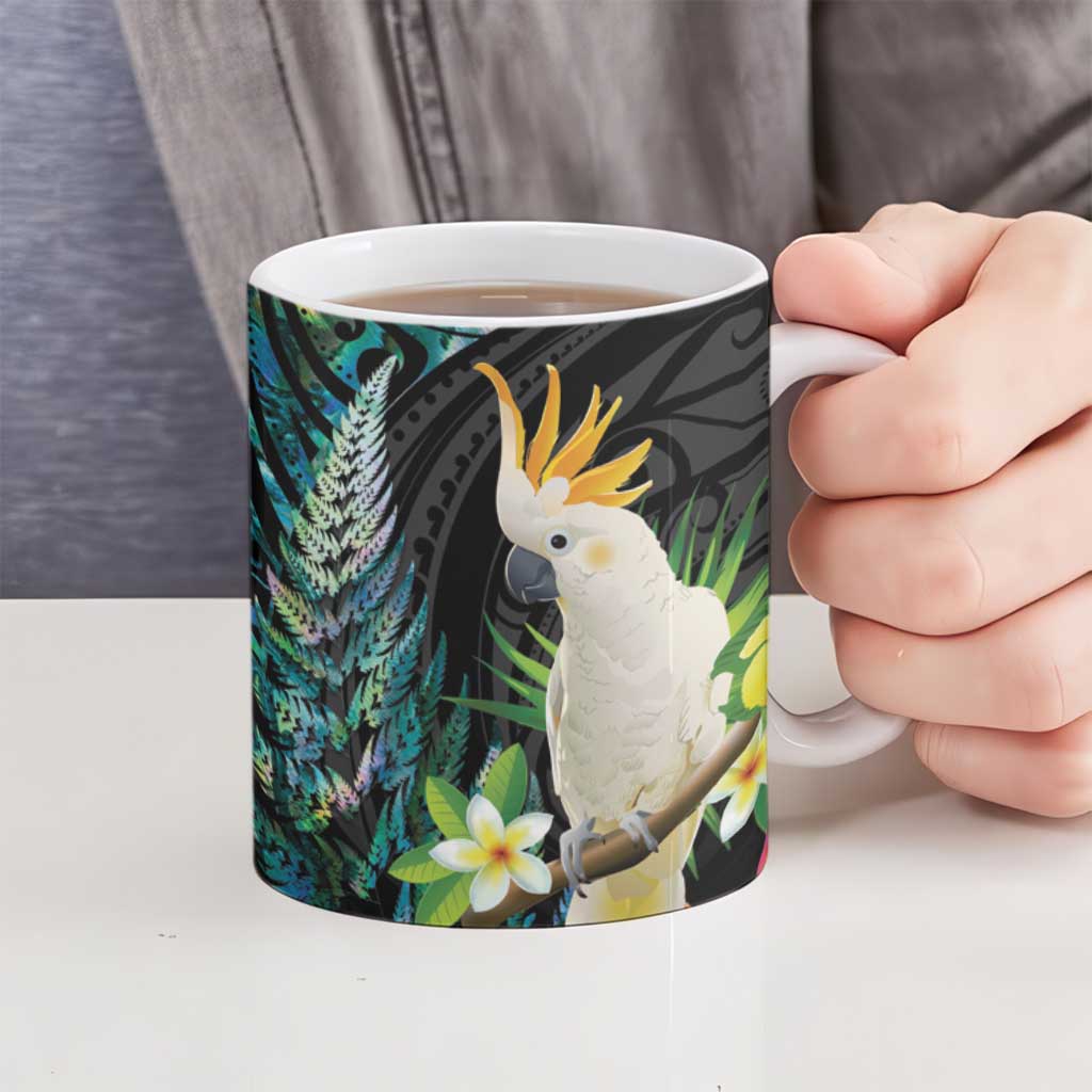 Sulphur-crested Cockatoo New Zealand Ceramic Mug Paua Shell Aotearoa Maori Tropical Flowers - Polynesian Pride