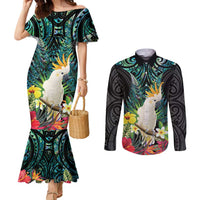 Sulphur-crested Cockatoo New Zealand Couples Matching Mermaid Dress and Long Sleeve Button Shirt Paua Shell Aotearoa Maori Tropical Flowers - Polynesian Pride