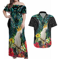 Sulphur-crested Cockatoo New Zealand Couples Matching Off Shoulder Maxi Dress and Hawaiian Shirt Paua Shell Aotearoa Maori Tropical Flowers - Polynesian Pride