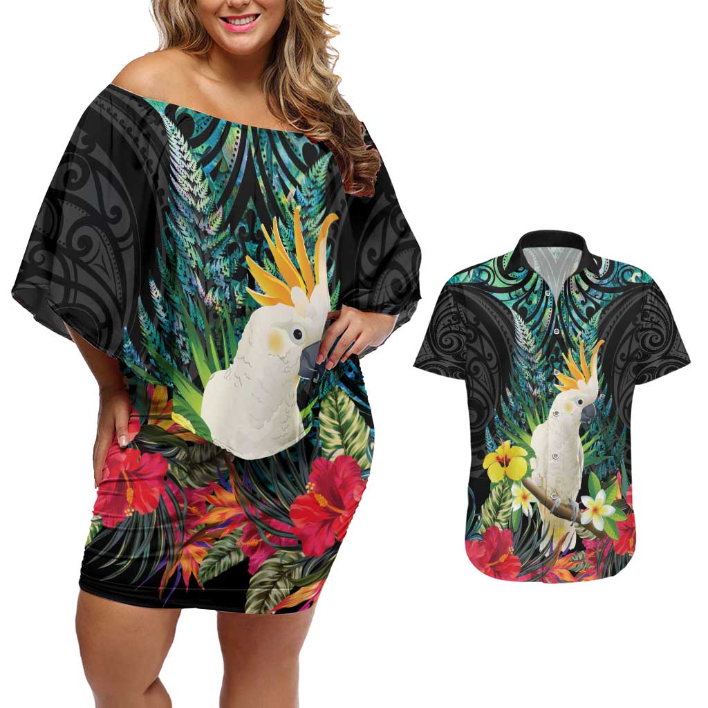 Sulphur-crested Cockatoo New Zealand Couples Matching Off Shoulder Short Dress and Hawaiian Shirt Paua Shell Aotearoa Maori Tropical Flowers - Polynesian Pride
