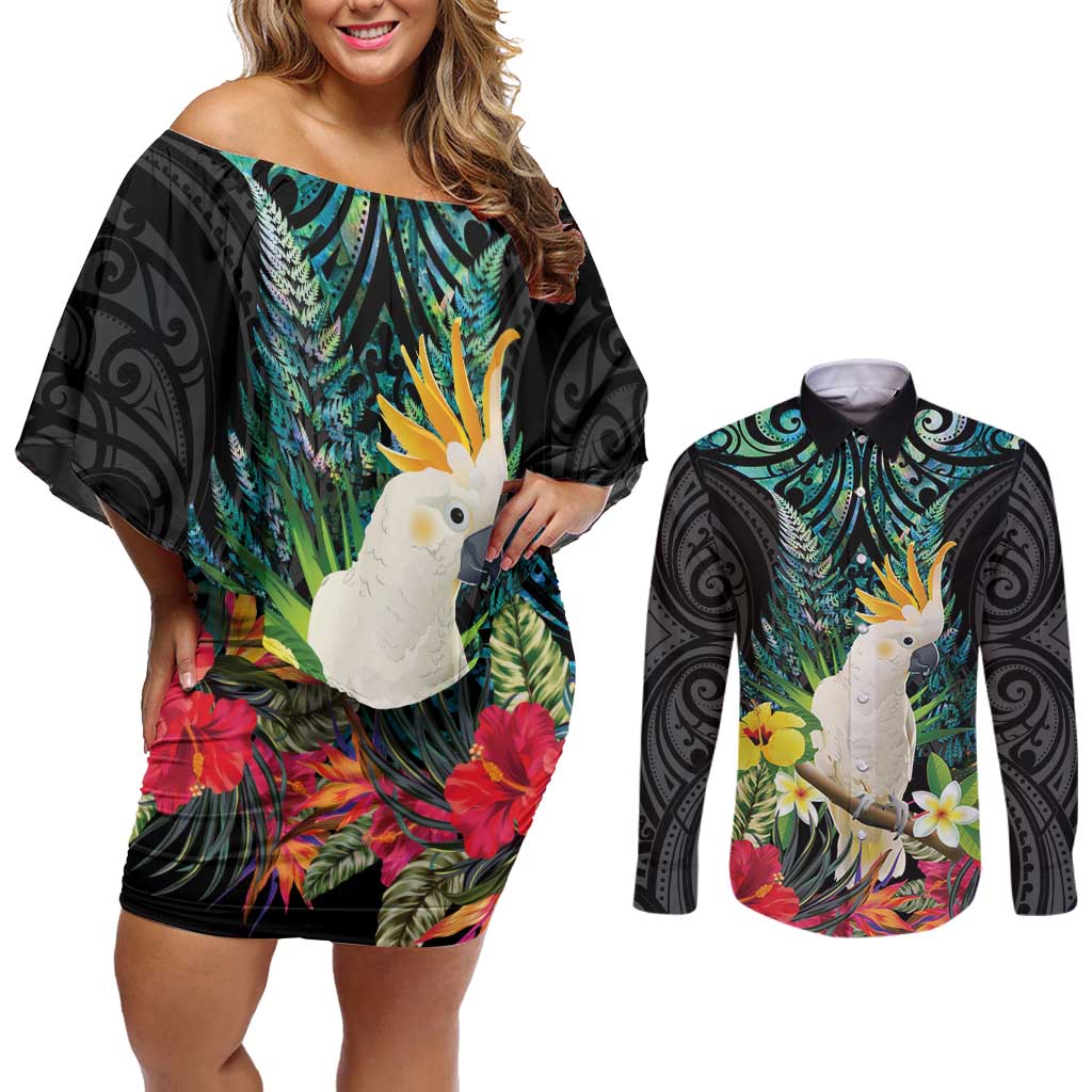 Sulphur-crested Cockatoo New Zealand Couples Matching Off Shoulder Short Dress and Long Sleeve Button Shirt Paua Shell Aotearoa Maori Tropical Flowers - Polynesian Pride
