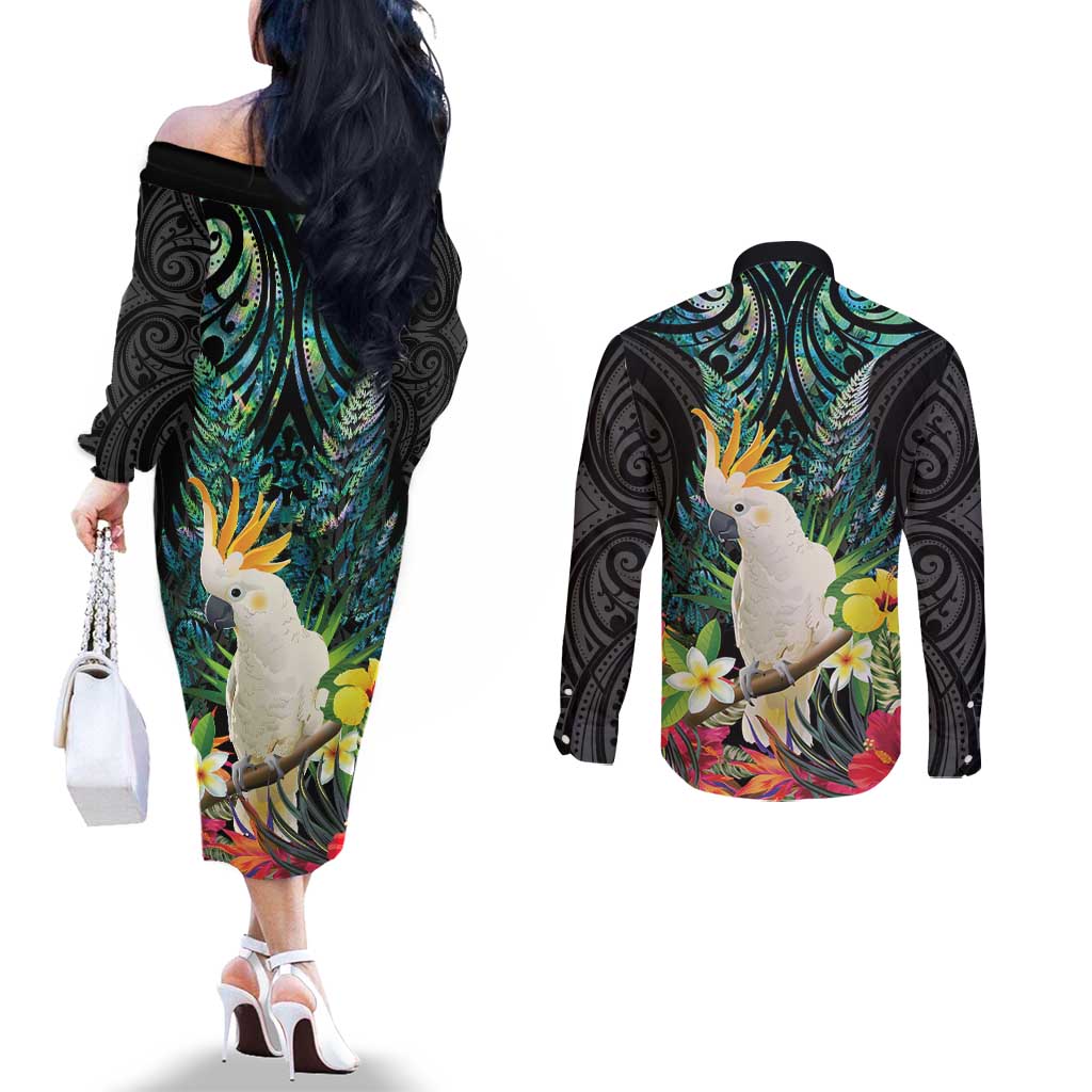 Sulphur-crested Cockatoo New Zealand Couples Matching Off The Shoulder Long Sleeve Dress and Long Sleeve Button Shirt Paua Shell Aotearoa Maori Tropical Flowers - Polynesian Pride