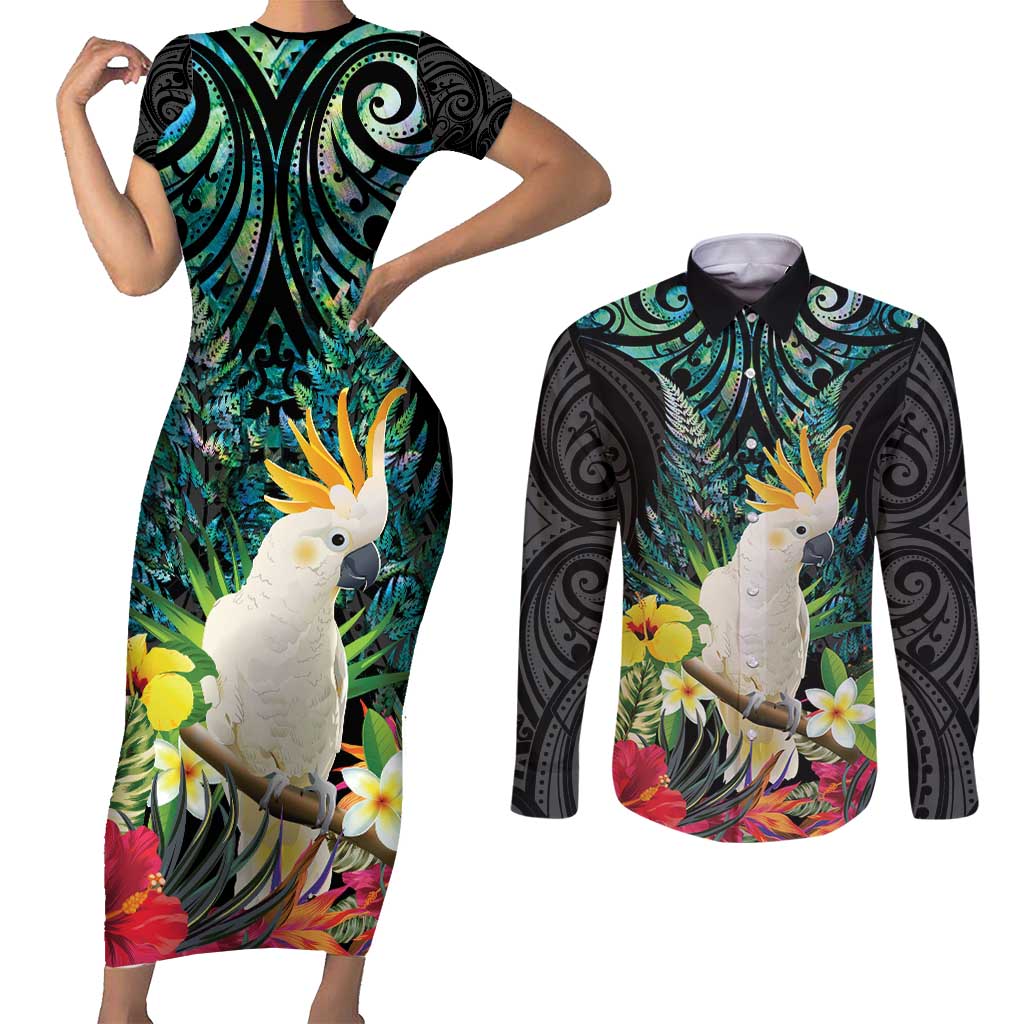 Sulphur-crested Cockatoo New Zealand Couples Matching Short Sleeve Bodycon Dress and Long Sleeve Button Shirt Paua Shell Aotearoa Maori Tropical Flowers - Polynesian Pride