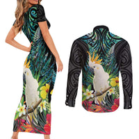 Sulphur-crested Cockatoo New Zealand Couples Matching Short Sleeve Bodycon Dress and Long Sleeve Button Shirt Paua Shell Aotearoa Maori Tropical Flowers - Polynesian Pride