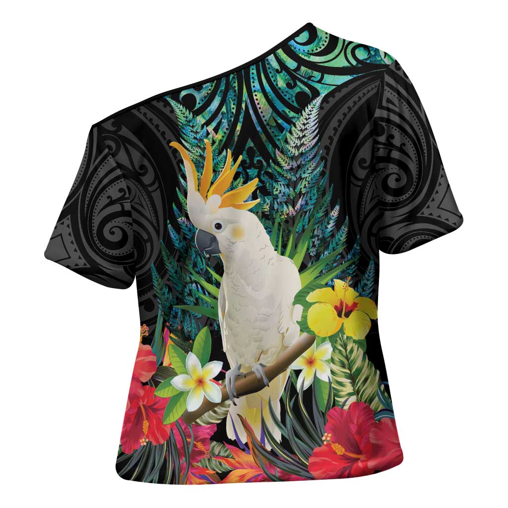 Sulphur-crested Cockatoo New Zealand Cross Shoulder Shirt Paua Shell Aotearoa Maori Tropical Flowers - Polynesian Pride