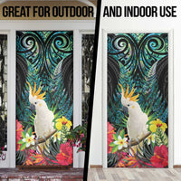 Sulphur-crested Cockatoo New Zealand Door Cover Paua Shell Aotearoa Maori Tropical Flowers - Polynesian Pride