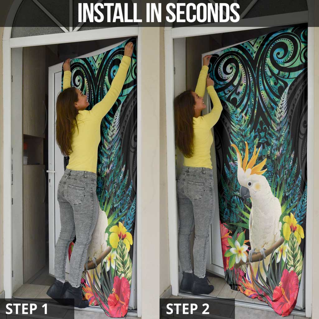 Sulphur-crested Cockatoo New Zealand Door Cover Paua Shell Aotearoa Maori Tropical Flowers - Polynesian Pride