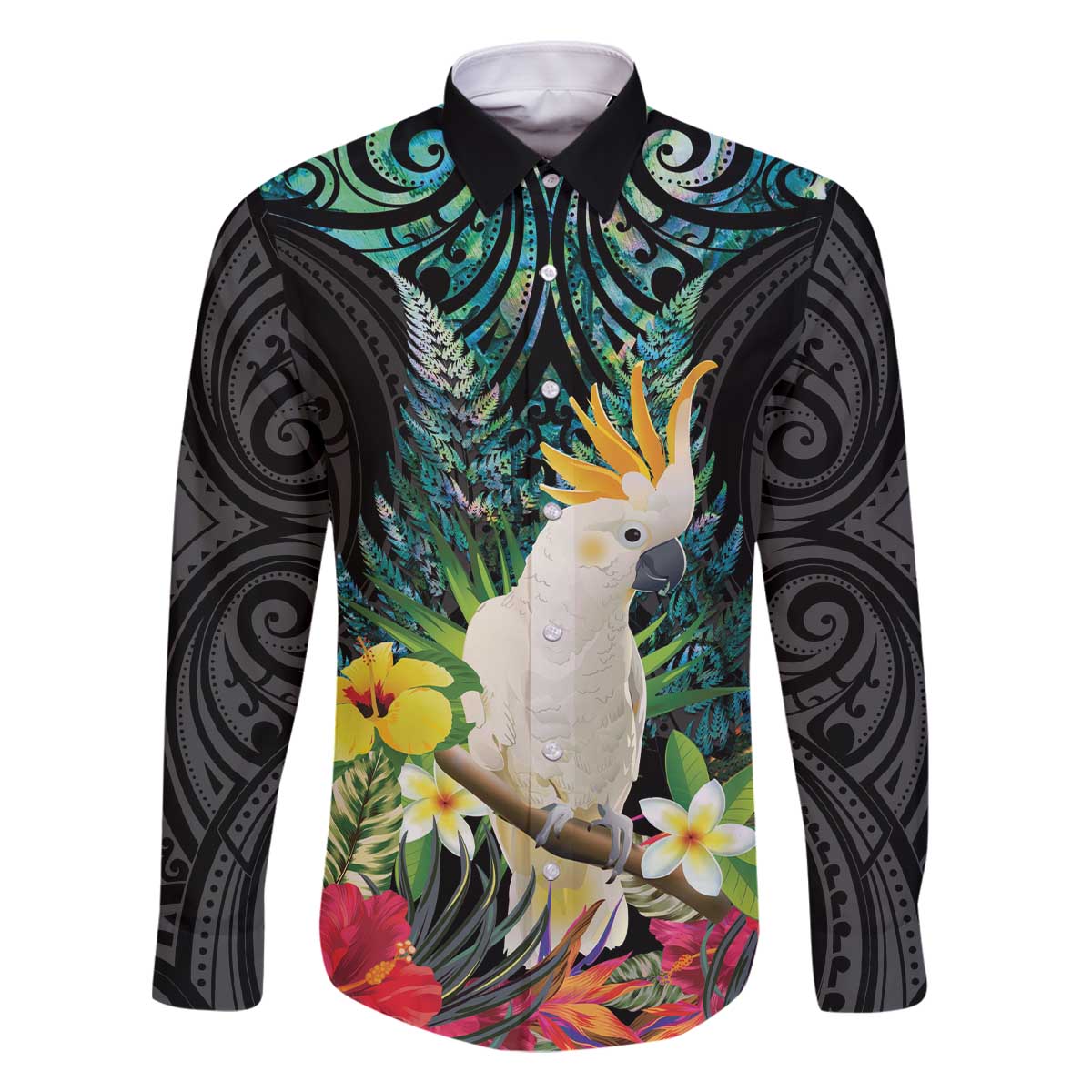 Sulphur-crested Cockatoo New Zealand Family Matching Off The Shoulder Long Sleeve Dress and Hawaiian Shirt Paua Shell Aotearoa Maori Tropical Flowers - Polynesian Pride