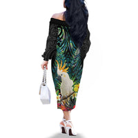 Sulphur-crested Cockatoo New Zealand Family Matching Off The Shoulder Long Sleeve Dress and Hawaiian Shirt Paua Shell Aotearoa Maori Tropical Flowers - Polynesian Pride