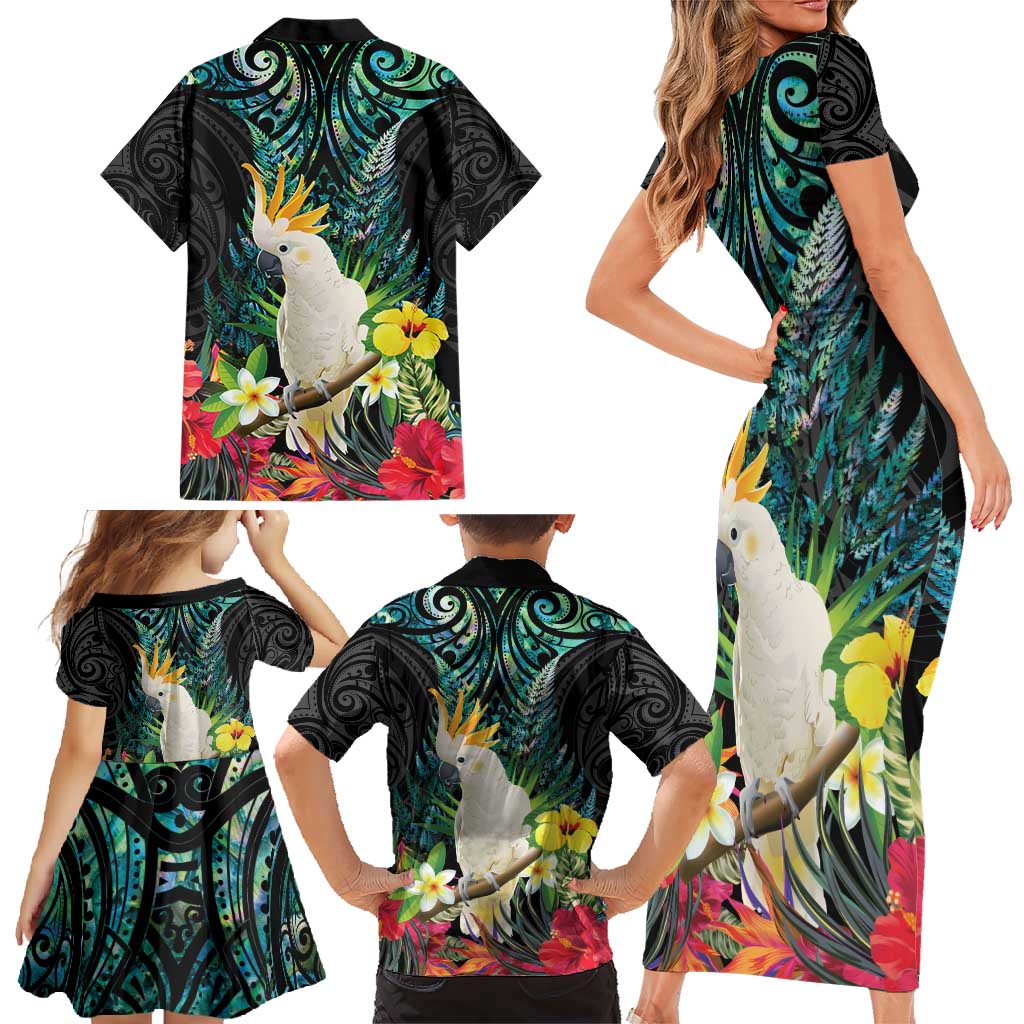 Sulphur-crested Cockatoo New Zealand Family Matching Short Sleeve Bodycon Dress and Hawaiian Shirt Paua Shell Aotearoa Maori Tropical Flowers - Polynesian Pride