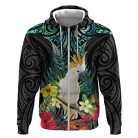 Sulphur-crested Cockatoo New Zealand Hoodie Paua Shell Aotearoa Maori Tropical Flowers - Polynesian Pride