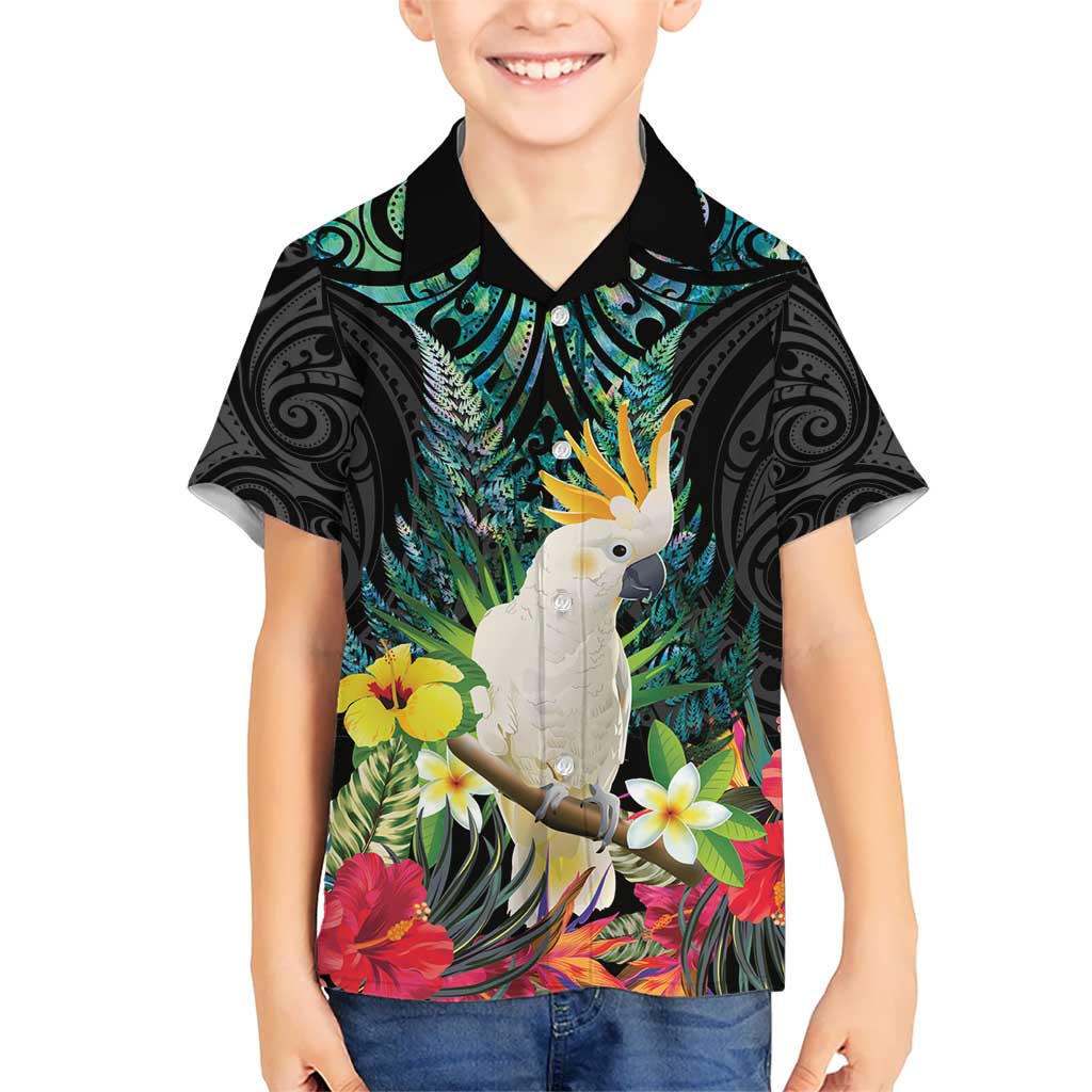 Sulphur-crested Cockatoo New Zealand Kid Hawaiian Shirt Paua Shell Aotearoa Maori Tropical Flowers - Polynesian Pride