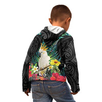 Sulphur-crested Cockatoo New Zealand Kid Hoodie Paua Shell Aotearoa Maori Tropical Flowers - Polynesian Pride
