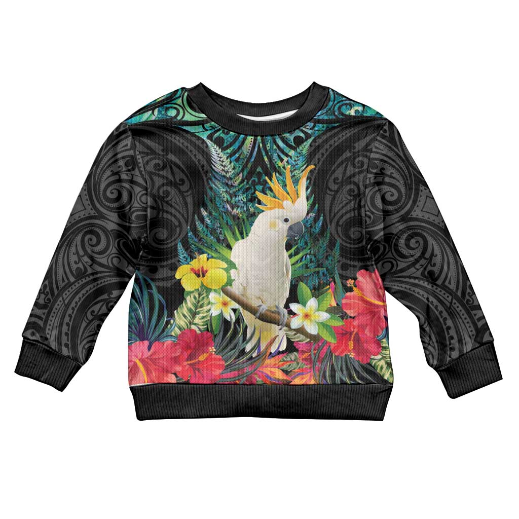 Sulphur-crested Cockatoo New Zealand Kid Ugly Christmas Sweater Paua Shell Aotearoa Maori Tropical Flowers - Polynesian Pride