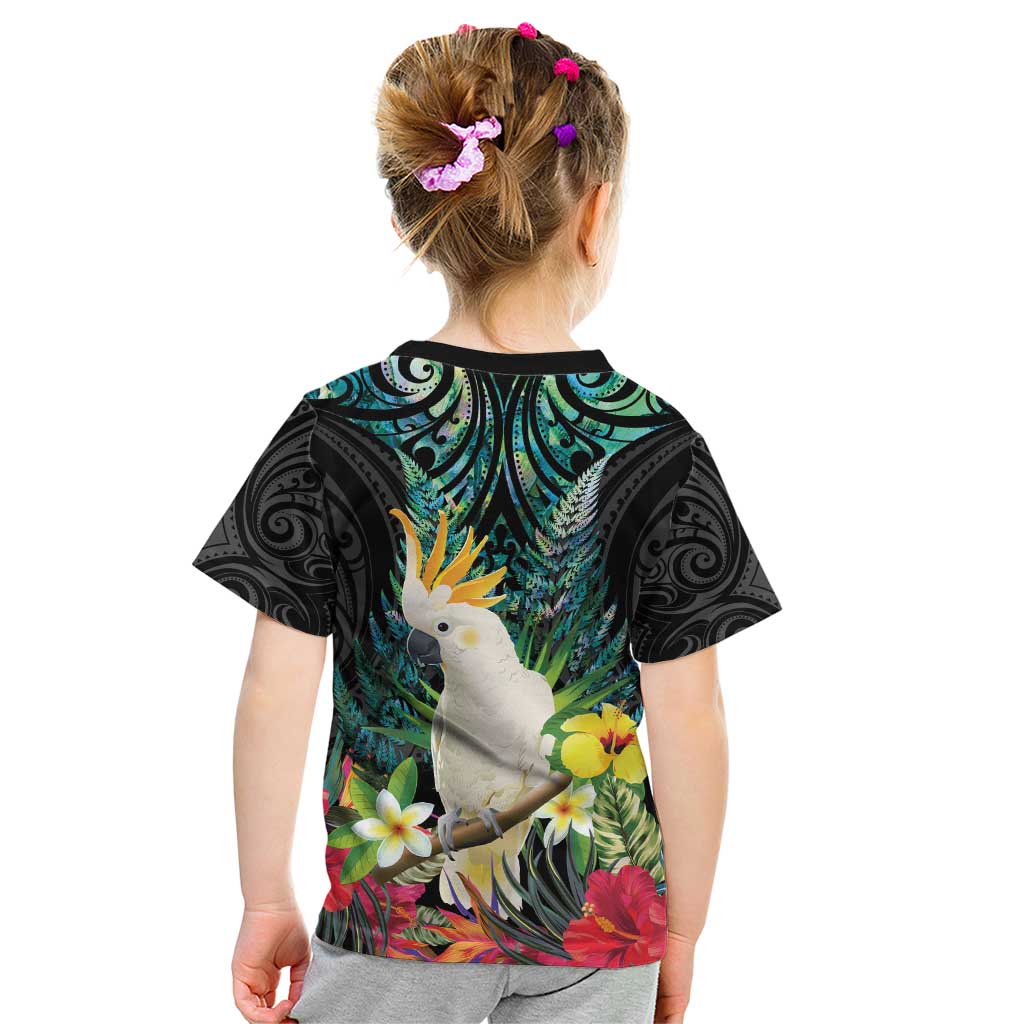 Sulphur-crested Cockatoo New Zealand Kid T Shirt Paua Shell Aotearoa Maori Tropical Flowers - Polynesian Pride