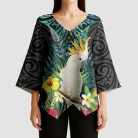 Sulphur-crested Cockatoo New Zealand Kimono Sleeve Blouse Paua Shell Aotearoa Maori Tropical Flowers - Polynesian Pride