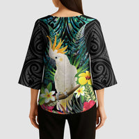 Sulphur-crested Cockatoo New Zealand Kimono Sleeve Blouse Paua Shell Aotearoa Maori Tropical Flowers - Polynesian Pride
