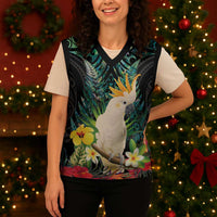 Sulphur-crested Cockatoo New Zealand Christmas Knitted V-Neck Vest Paua Shell Aotearoa Maori Tropical Flowers - Polynesian Pride