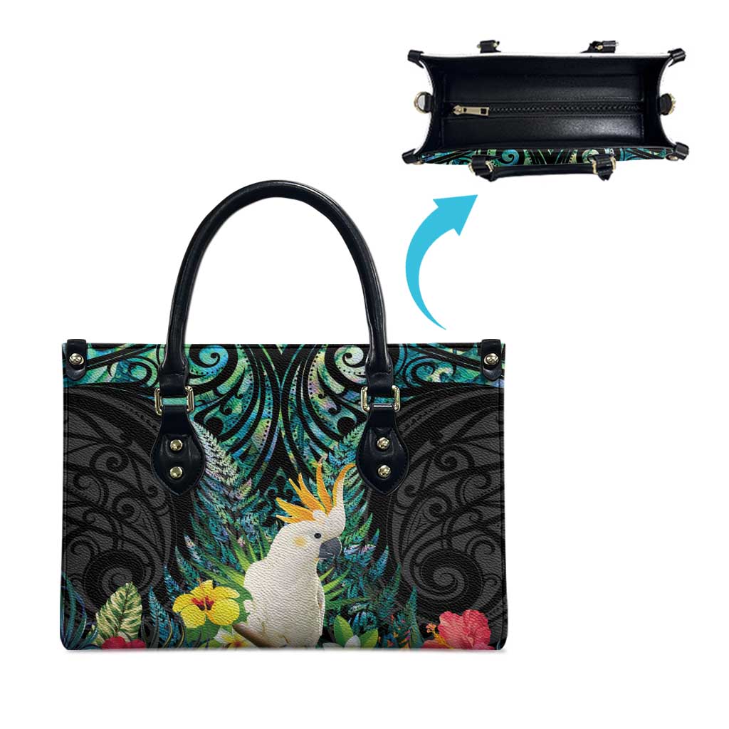 Sulphur-crested Cockatoo New Zealand Leather Bag Paua Shell Aotearoa Maori Tropical Flowers - Polynesian Pride