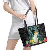 Sulphur-crested Cockatoo New Zealand Leather Tote Bag Paua Shell Aotearoa Maori Tropical Flowers - Polynesian Pride