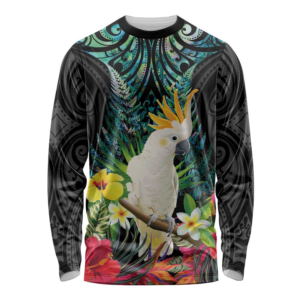 Sulphur-crested Cockatoo New Zealand Long Sleeve Shirt Paua Shell Aotearoa Maori Tropical Flowers - Polynesian Pride