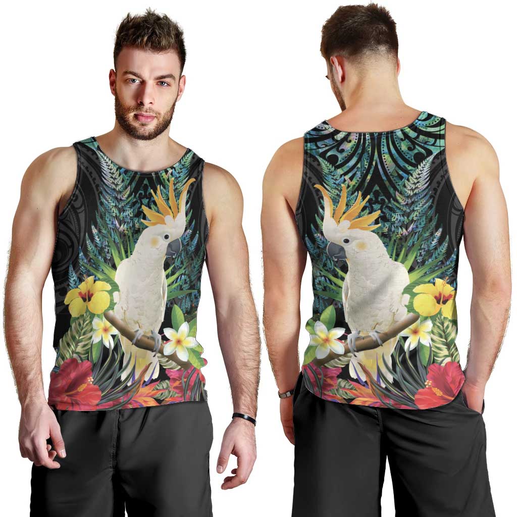 Sulphur-crested Cockatoo New Zealand Men Tank Top Paua Shell Aotearoa Maori Tropical Flowers - Polynesian Pride