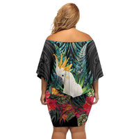 Sulphur-crested Cockatoo New Zealand Off Shoulder Short Dress Paua Shell Aotearoa Maori Tropical Flowers - Polynesian Pride