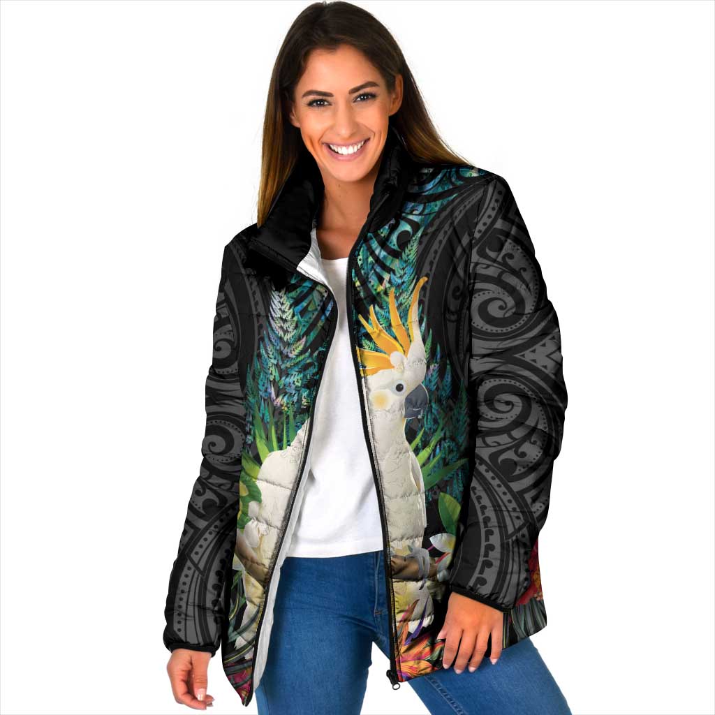 Sulphur-crested Cockatoo New Zealand Padded Jacket Paua Shell Aotearoa Maori Tropical Flowers - Polynesian Pride