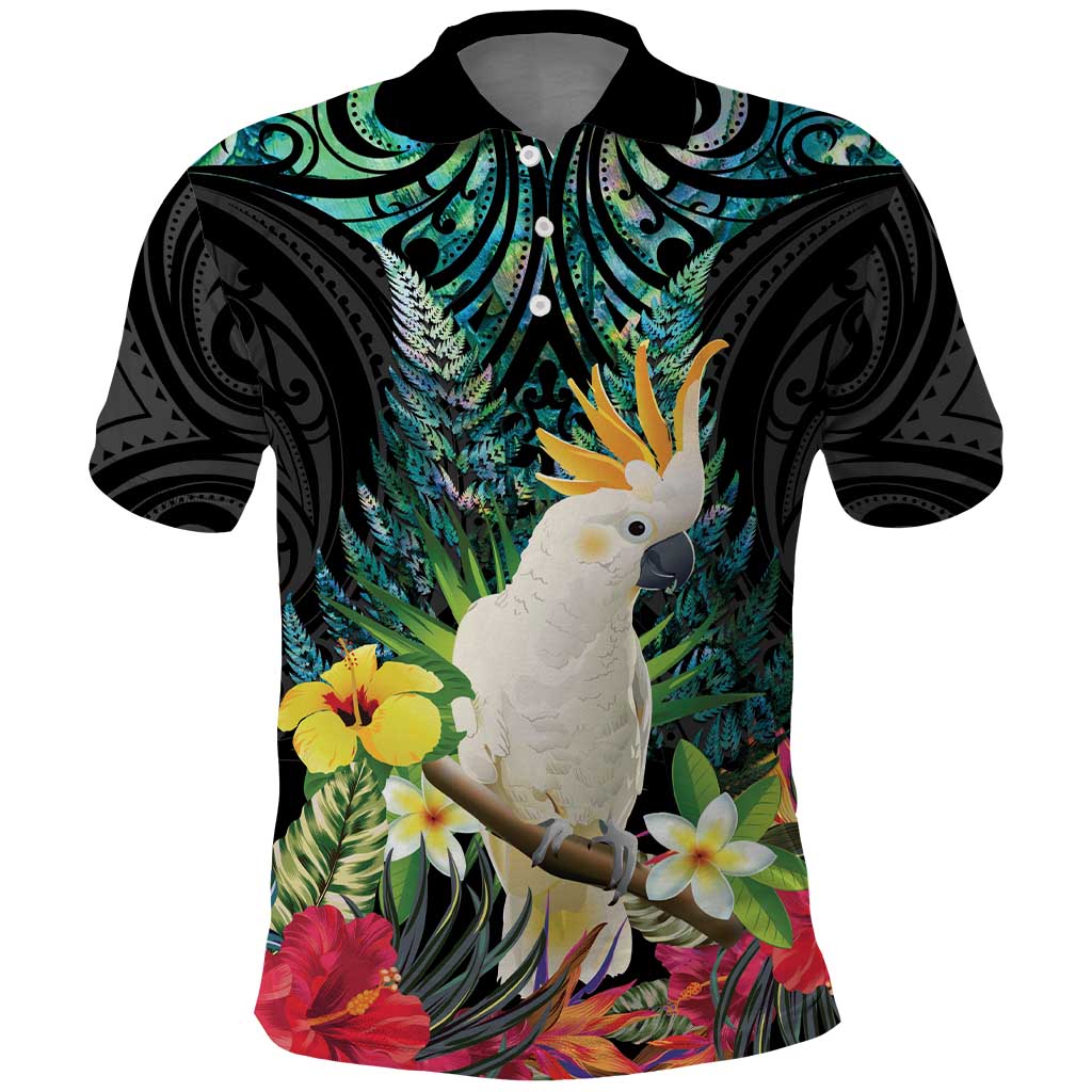 Sulphur-crested Cockatoo New Zealand Polo Shirt Paua Shell Aotearoa Maori Tropical Flowers - Polynesian Pride