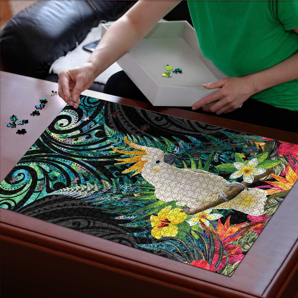 Sulphur-crested Cockatoo New Zealand Puzzle Paua Shell Aotearoa Maori Tropical Flowers - Polynesian Pride