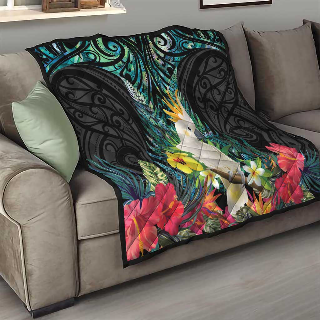 Sulphur-crested Cockatoo New Zealand Quilt Paua Shell Aotearoa Maori Tropical Flowers - Polynesian Pride