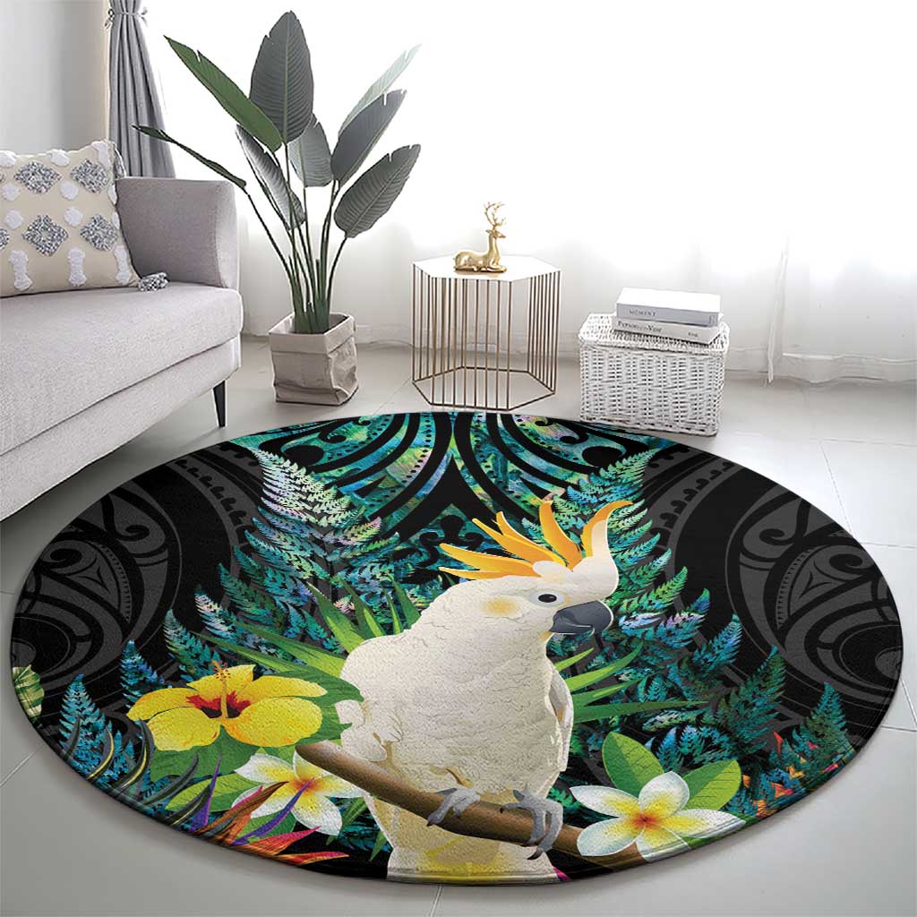 Sulphur-crested Cockatoo New Zealand Round Carpet Paua Shell Aotearoa Maori Tropical Flowers - Polynesian Pride